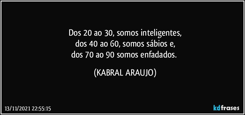 Dos 20 ao 30, somos inteligentes,
dos 40 ao 60, somos sábios e,
dos 70 ao 90 somos enfadados. (KABRAL ARAUJO)