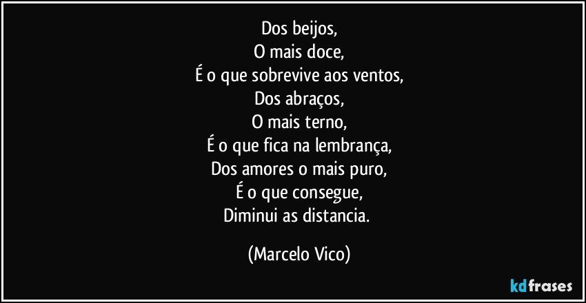 Dos beijos,
O mais doce,
É o que sobrevive aos ventos,
Dos abraços,
O mais terno,
É o que fica na lembrança,
Dos amores o mais puro,
É o que consegue,
Diminui as distancia. (Marcelo Vico)