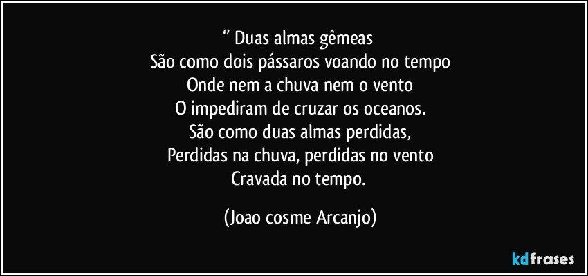 ‘’ Duas almas gêmeas 
São como dois pássaros voando no tempo
Onde nem a chuva nem o vento
O impediram de cruzar os oceanos.
São como duas almas perdidas,
Perdidas na chuva, perdidas no vento
Cravada no tempo. (Joao cosme Arcanjo)