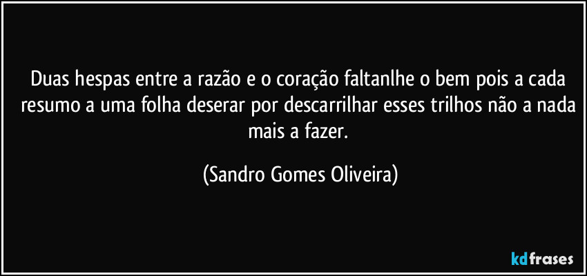 Duas hespas entre a razão e o coração faltanlhe o bem pois a cada resumo a uma folha deserar por descarrilhar esses trilhos não a nada mais a fazer. (Sandro Gomes Oliveira)