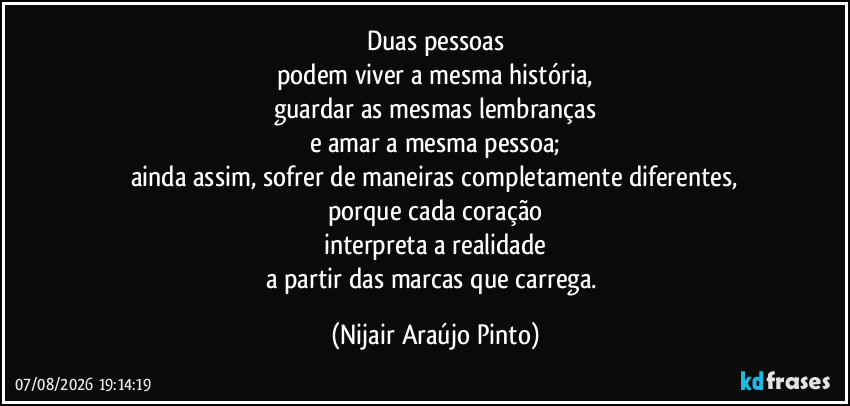 Duas pessoas
podem viver a mesma história,
guardar as mesmas lembranças
e amar a mesma pessoa;
ainda assim, sofrer de maneiras completamente diferentes,
porque cada coração
interpreta a realidade
a partir das marcas que carrega. (Nijair Araújo Pinto)
