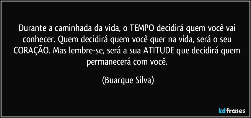 Durante a caminhada da vida, o TEMPO decidirá quem você vai conhecer. Quem decidirá quem você quer na vida, será o seu CORAÇÃO. Mas lembre-se, será a sua ATITUDE que decidirá quem permanecerá com você. (Buarque Silva)