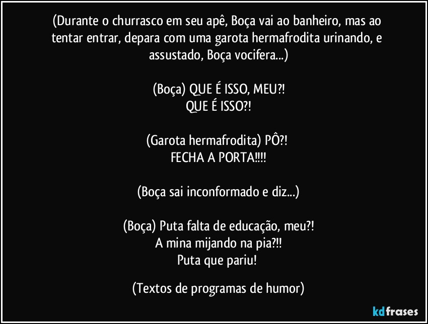 (Durante o churrasco em seu apê, Boça vai ao banheiro, mas ao tentar entrar, depara com uma garota hermafrodita urinando, e assustado, Boça vocifera...)

(Boça) QUE É ISSO, MEU?!
QUE É ISSO?!

(Garota hermafrodita) PÔ?! 
FECHA A PORTA!!!

(Boça sai inconformado e diz...)

(Boça) Puta falta de educação, meu?!
A mina mijando na pia?!!
Puta que pariu! (Textos de programas de humor)