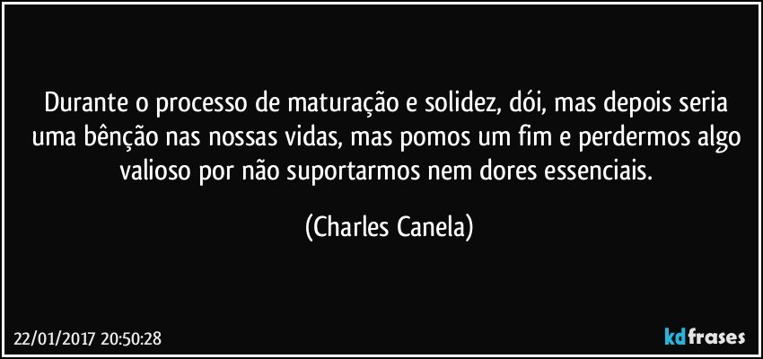 Durante o processo de maturação e solidez, dói, mas depois seria uma bênção nas nossas vidas, mas pomos um fim e perdermos algo valioso por não suportarmos nem dores essenciais. (Charles Canela)