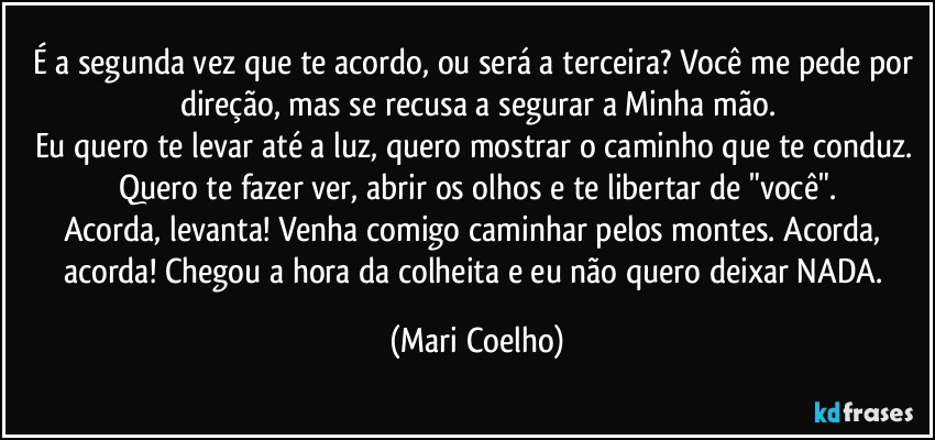 É a segunda vez que te acordo, ou será a terceira? Você me pede por direção, mas se recusa a segurar a Minha mão.
Eu quero te levar até a luz, quero mostrar o caminho que te conduz. Quero te fazer ver, abrir os olhos e te libertar de "você".
Acorda, levanta! Venha comigo caminhar pelos montes. Acorda, acorda! Chegou a hora da colheita e eu não quero deixar NADA. (Mari Coelho)