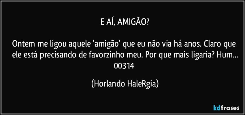 E AÍ, AMIGÃO?

Ontem me ligou aquele 'amigão' que eu não via há anos. Claro que ele está precisando de favorzinho meu. Por que mais ligaria? Hum...
00314 (Horlando HaleRgia)