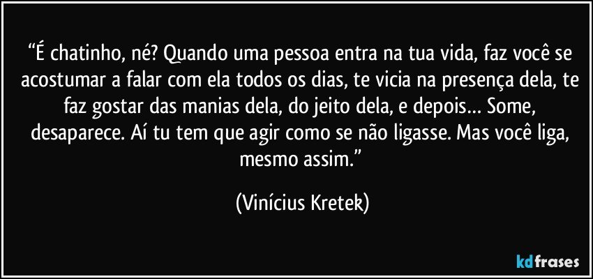“É chatinho, né? Quando uma pessoa entra na tua vida, faz você se acostumar a falar com ela todos os dias, te vicia na presença dela, te faz gostar das manias dela, do jeito dela, e depois… Some, desaparece. Aí tu tem que agir como se não ligasse. Mas você liga, mesmo assim.” (Vinícius Kretek)