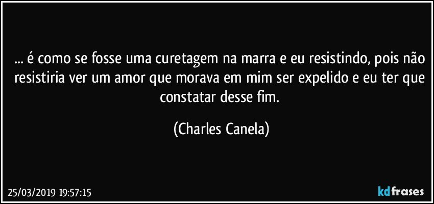 ... é como se fosse uma curetagem na marra e eu resistindo, pois não resistiria ver um amor que morava em mim ser expelido e eu ter que constatar desse fim. (Charles Canela)