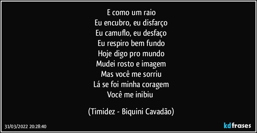 E como um raio
Eu encubro, eu disfarço
Eu camuflo, eu desfaço
Eu respiro bem fundo
Hoje digo pro mundo
Mudei rosto e imagem
Mas você me sorriu
Lá se foi minha coragem
Você me inibiu (Timidez - Biquini Cavadão)