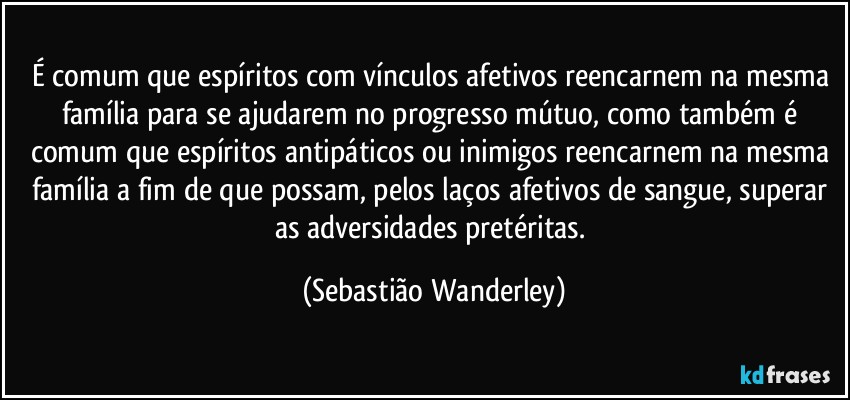 É comum que espíritos com vínculos afetivos reencarnem na mesma família para se ajudarem no progresso mútuo, como também é comum que espíritos antipáticos ou inimigos reencarnem na mesma família a fim de que possam, pelos laços afetivos de sangue, superar as adversidades pretéritas. (Sebastião Wanderley)