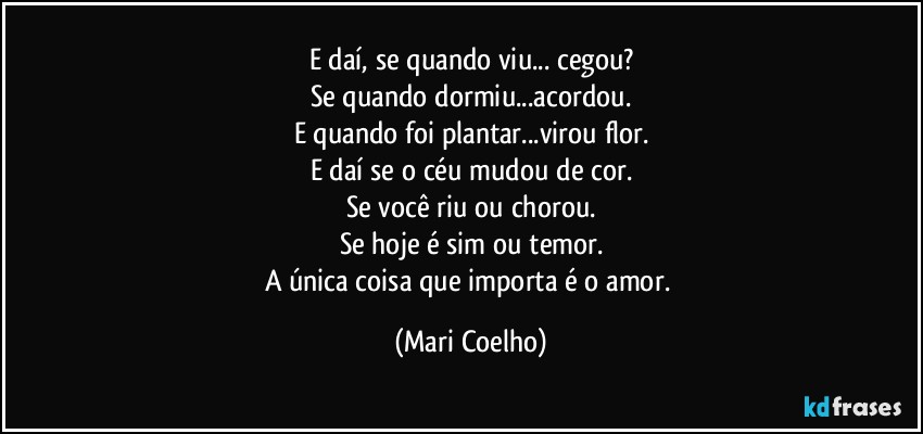 E daí, se quando viu... cegou?
Se quando dormiu...acordou.
E quando foi plantar...virou flor.
E daí se o céu mudou de cor.
Se você riu ou chorou.
Se hoje é sim ou temor.
A única coisa que importa é o amor. (Mari Coelho)