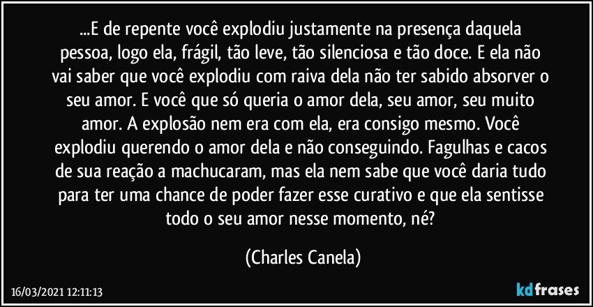 ...E de repente você explodiu justamente na presença daquela pessoa, logo ela, frágil, tão leve, tão silenciosa e tão doce. E ela não vai saber que você explodiu com raiva dela não ter sabido absorver o seu amor. E você que só queria o amor dela, seu amor, seu muito amor. A explosão nem era com ela, era consigo mesmo. Você explodiu querendo o amor dela e não conseguindo. Fagulhas e cacos de sua reação a machucaram, mas ela nem sabe que você daria tudo para ter uma chance de poder fazer esse curativo e que ela sentisse todo o seu amor nesse momento, né? (Charles Canela)