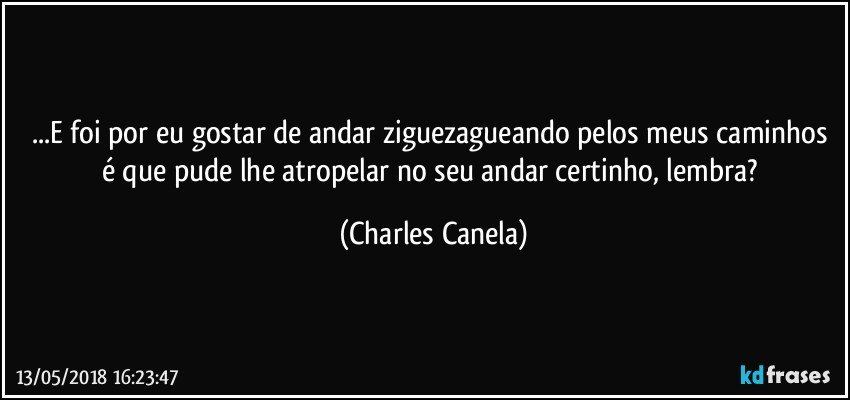 ...E foi por eu gostar de andar ziguezagueando pelos meus caminhos é que pude lhe atropelar no seu andar certinho, lembra? (Charles Canela)