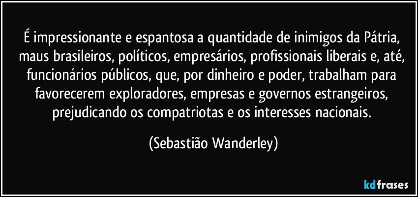 É impressionante e espantosa a quantidade de inimigos da Pátria, maus brasileiros, políticos, empresários, profissionais liberais e, até, funcionários públicos, que, por dinheiro e poder, trabalham para favorecerem exploradores, empresas e governos estrangeiros, prejudicando os compatriotas e os interesses nacionais. (Sebastião Wanderley)