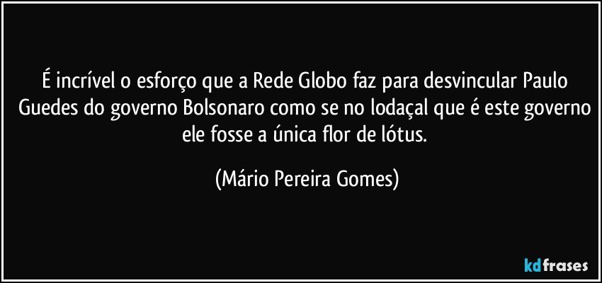 É incrível o esforço que a Rede Globo faz para desvincular Paulo Guedes do governo Bolsonaro como se no lodaçal que é este governo ele fosse a única flor de lótus. (Mário Pereira Gomes)