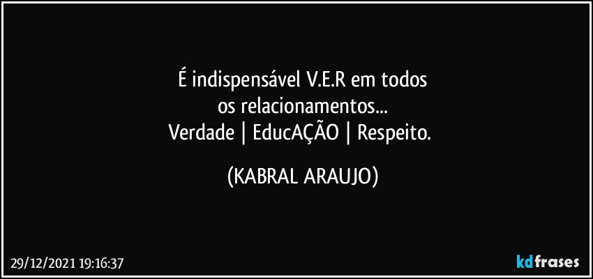 É indispensável V.E.R em todos
os relacionamentos...
Verdade | EducAÇÃO | Respeito. (KABRAL ARAUJO)