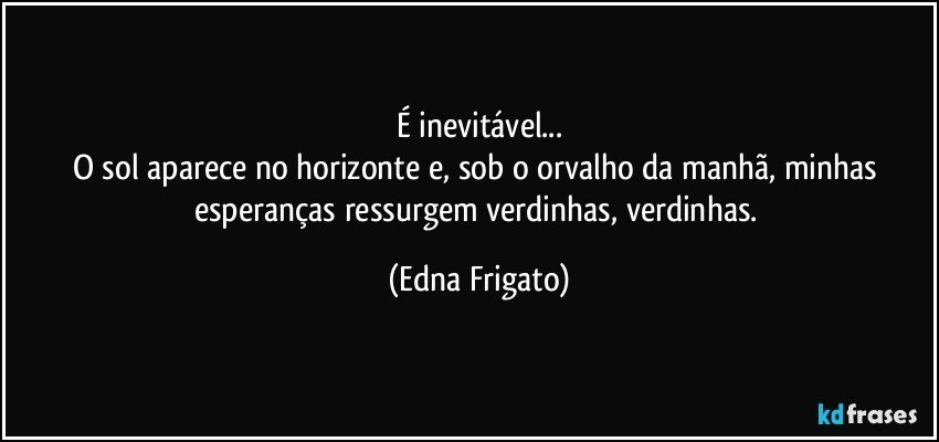 É inevitável...
O sol aparece no horizonte e, sob o orvalho da manhã, minhas esperanças ressurgem verdinhas, verdinhas. (Edna Frigato)