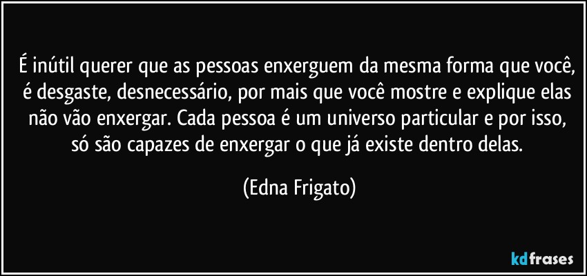 É inútil querer que as pessoas enxerguem da mesma forma que você, é desgaste, desnecessário, por mais que você mostre e explique elas não vão enxergar. Cada pessoa é  um universo particular e por isso, só são capazes de enxergar o que já existe dentro delas. (Edna Frigato)