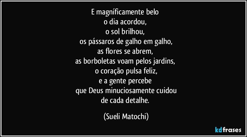 E magníficamente belo 
o dia acordou, 
o sol brilhou, 
os pássaros de galho em galho,
as flores se abrem, 
as borboletas voam pelos jardins, 
o coração pulsa feliz,
e a gente percebe 
que Deus minuciosamente cuidou
de cada detalhe. (Sueli Matochi)