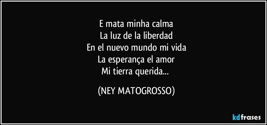 E mata minha calma
La luz de la liberdad
En el nuevo mundo mi vida
La esperança el amor
Mi tierra querida... (NEY MATOGROSSO)