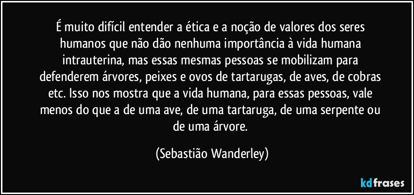 É muito difícil entender a ética e a noção de valores dos seres humanos que não dão nenhuma importância à vida humana intrauterina, mas essas mesmas pessoas se mobilizam para defenderem árvores, peixes e ovos de tartarugas, de aves, de cobras etc. Isso nos mostra que a vida humana, para essas pessoas, vale menos do que a de uma ave, de uma tartaruga, de uma serpente ou de uma árvore. (Sebastião Wanderley)