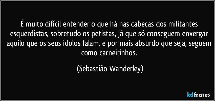 É muito difícil entender o que há nas cabeças dos militantes esquerdistas, sobretudo os petistas, já que só conseguem enxergar aquilo que os seus ídolos falam, e por mais absurdo que seja, seguem como carneirinhos. (Sebastião Wanderley)