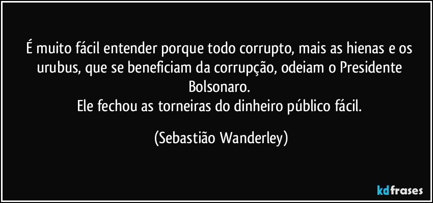 É muito fácil entender porque todo corrupto, mais as hienas e os urubus, que se beneficiam da corrupção, odeiam o Presidente Bolsonaro. 
Ele fechou as torneiras do dinheiro público fácil. (Sebastião Wanderley)