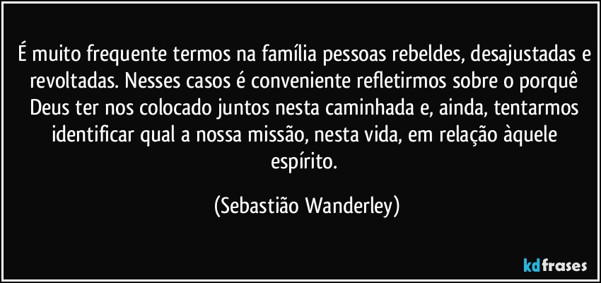 É muito frequente termos na família pessoas rebeldes, desajustadas e revoltadas. Nesses casos é conveniente refletirmos sobre o porquê Deus ter nos colocado juntos nesta caminhada e, ainda, tentarmos identificar qual a nossa missão, nesta vida, em relação àquele espírito. (Sebastião Wanderley)