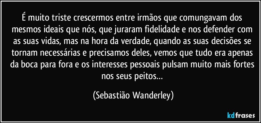 É muito triste crescermos entre irmãos que comungavam dos mesmos ideais que nós, que juraram fidelidade e nos defender com as suas vidas, mas na hora da verdade, quando as suas decisões se tornam necessárias e precisamos deles, vemos que tudo era apenas da boca para fora e os interesses pessoais pulsam muito mais fortes nos seus peitos… (Sebastião Wanderley)