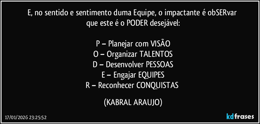 E, no sentido e sentimento duma Equipe, o impactante é obSERvar que este é o PODER desejável:

P – Planejar com VISÃO
O – Organizar TALENTOS
D – Desenvolver PESSOAS
E – Engajar EQUIPES
R – Reconhecer CONQUISTAS (KABRAL ARAUJO)