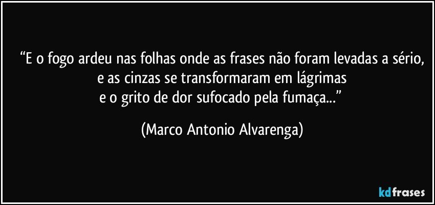 “E o fogo ardeu nas folhas onde as frases não foram levadas a sério,
e as cinzas se transformaram em lágrimas
e o grito de dor sufocado pela fumaça...” (Marco Antonio Alvarenga)