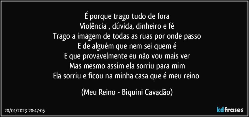 É porque trago tudo de fora
Violência , dúvida, dinheiro e fé
Trago a imagem de todas as ruas por onde passo
E de alguém que nem sei quem é
E que provavelmente eu não vou mais ver
Mas mesmo assim ela sorriu para mim
Ela sorriu e ficou na minha casa que é meu reino (Meu Reino - Biquini Cavadão)