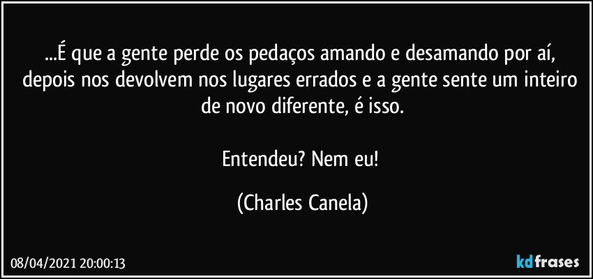 ...É que a gente perde os pedaços amando e desamando por aí, depois nos devolvem nos lugares errados e a gente sente um inteiro de novo diferente, é isso.

Entendeu? Nem eu! (Charles Canela)