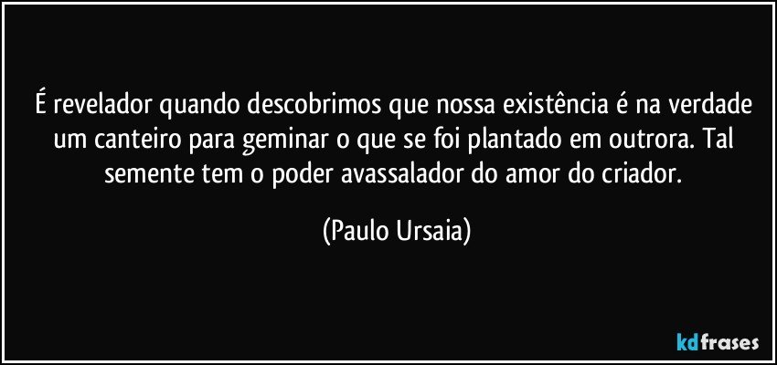 É revelador quando descobrimos que nossa existência é na verdade um canteiro para geminar o que se foi plantado em outrora. Tal semente tem o poder avassalador do amor do criador. (Paulo Ursaia)