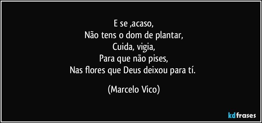 E se ,acaso,
Não tens o dom de plantar,
Cuida, vigia,
Para que não pises,
Nas flores que Deus deixou para  tí. (Marcelo Vico)