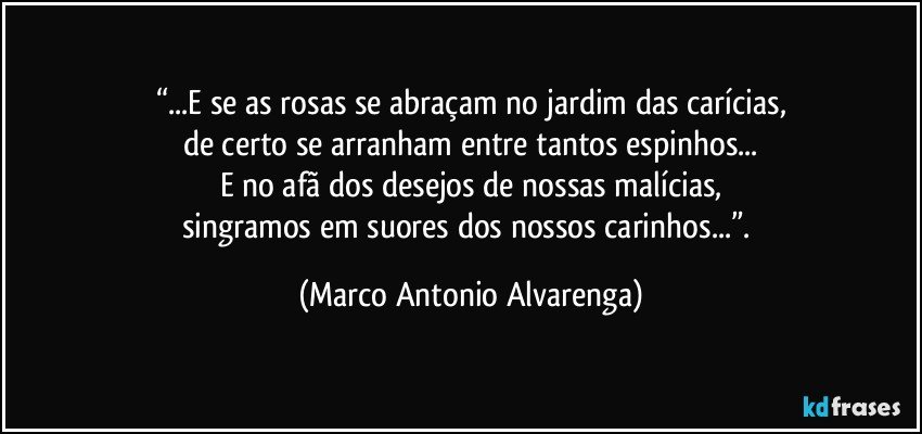 “...E se as rosas se abraçam no jardim das carícias,
de certo se arranham entre tantos espinhos...
E no afã dos desejos de nossas malícias,
singramos em suores dos nossos carinhos...”. (Marco Antonio Alvarenga)