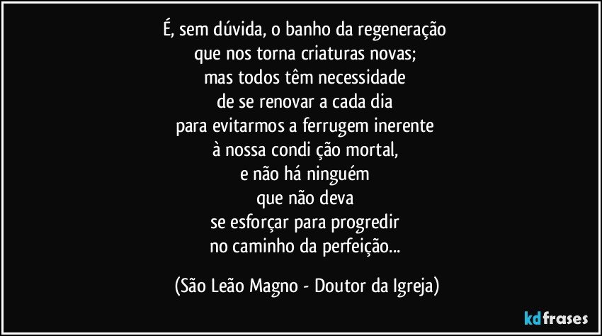 É, sem dúvida, o banho da regeneração 
que nos torna criaturas novas; 
mas todos têm necessidade 
de se renovar a cada dia 
para evitarmos a ferrugem inerente 
à nossa condi­ção mortal, 
e não há ninguém 
que não deva 
se esforçar para progredir 
no caminho da perfeição... (São Leão Magno - Doutor da Igreja)