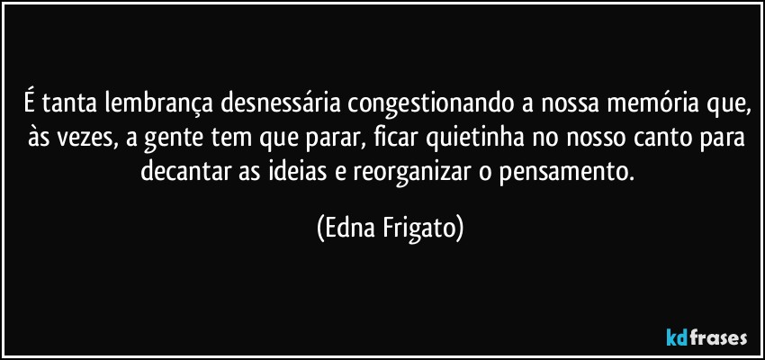 É tanta lembrança desnessária congestionando a nossa memória que, às vezes, a gente tem que parar, ficar quietinha no nosso canto para decantar as ideias e reorganizar o pensamento. (Edna Frigato)