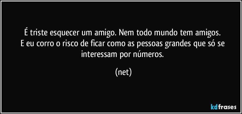 É triste esquecer um amigo. Nem todo mundo tem amigos. 
E eu corro o risco de ficar como as pessoas grandes que só se interessam por números. (net)