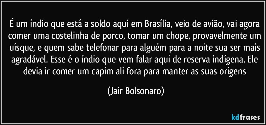 É um índio que está a soldo aqui em Brasília, veio de avião, vai agora comer uma costelinha de porco, tomar um chope, provavelmente um uísque, e quem sabe telefonar para alguém para a noite sua ser mais agradável. Esse é o índio que vem falar aqui de reserva indígena. Ele devia ir comer um capim ali fora para manter as suas origens (Jair Bolsonaro)