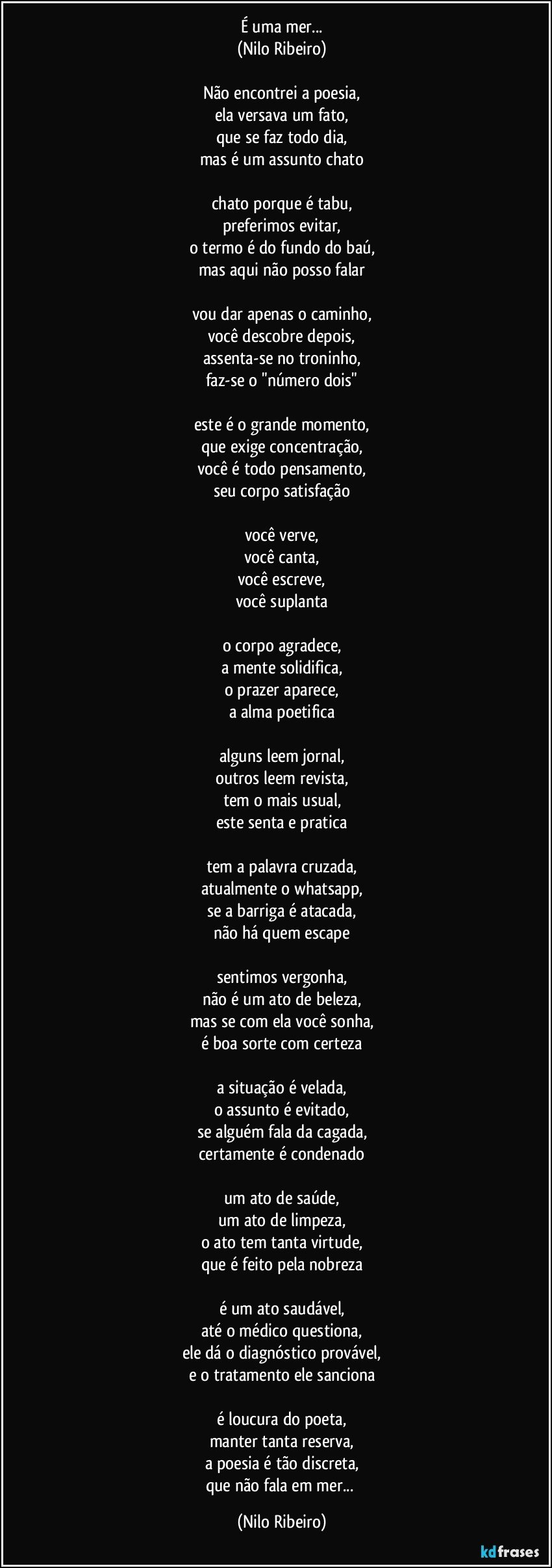 É uma mer...
(Nilo Ribeiro)

Não encontrei a poesia,
ela versava um fato,
que se faz todo dia,
mas é um assunto chato

chato porque é tabu,
preferimos evitar,
o termo é do fundo do baú,
mas aqui não posso falar

vou dar apenas o caminho,
você descobre depois,
assenta-se no troninho,
faz-se o "número dois"

este é o grande momento,
que exige concentração,
você é todo pensamento,
seu corpo satisfação

você verve,
você canta,
você escreve,
você suplanta

o corpo agradece,
a mente solidifica,
o prazer aparece,
a alma poetifica

alguns leem jornal,
outros leem revista,
tem o mais usual,
este senta e pratica

tem a palavra cruzada,
atualmente o whatsapp,
se a barriga é atacada,
não há quem escape

sentimos vergonha,
não é um ato de beleza,
mas se com ela você sonha,
é boa sorte com certeza

a situação é velada,
o assunto é evitado,
se alguém fala da cagada,
certamente é condenado

um ato de saúde,
um ato de limpeza,
o ato tem tanta virtude,
que é feito pela nobreza

é um ato saudável,
até o médico questiona,
ele dá o diagnóstico provável,
e o tratamento ele sanciona

é loucura do poeta,
manter tanta reserva,
a poesia é tão discreta,
que não fala em mer... (Nilo Ribeiro)