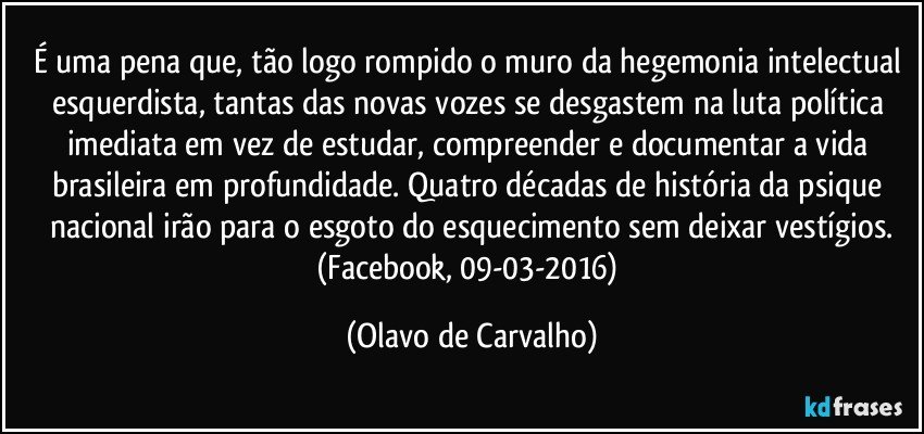 É uma pena que, tão logo rompido o muro da hegemonia intelectual esquerdista, tantas das novas vozes se desgastem na luta política imediata em vez de estudar, compreender e documentar a vida brasileira em profundidade. Quatro décadas de história da psique nacional irão para o esgoto do esquecimento sem deixar vestígios.
(Facebook, 09-03-2016) (Olavo de Carvalho)