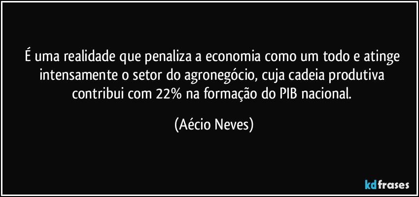 É uma realidade que penaliza a economia como um todo e atinge intensamente o setor do agronegócio, cuja cadeia produtiva contribui com 22% na formação do PIB nacional. (Aécio Neves)