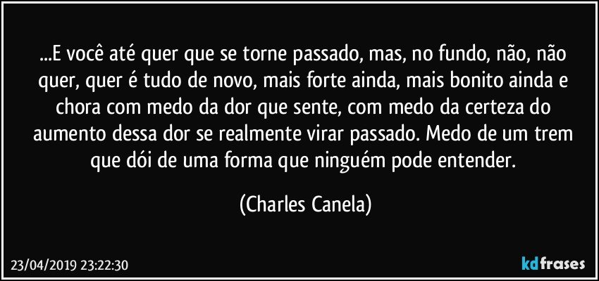 ...E você até quer que se torne passado, mas, no fundo, não, não quer, quer é tudo de novo, mais forte ainda, mais bonito ainda e chora com medo da dor que sente, com medo da certeza do aumento dessa dor se realmente virar passado. Medo de um trem que dói de uma forma que ninguém pode entender. (Charles Canela)