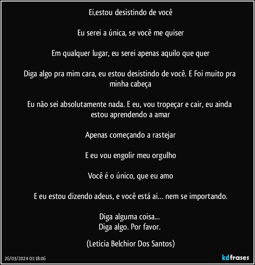 Ei,estou desistindo de você

Eu serei a única, se você me quiser

Em qualquer lugar, eu serei apenas aquilo que quer

Diga algo pra mim cara, eu estou desistindo de você. E Foi muito pra minha cabeça

Eu não sei absolutamente nada. E eu, vou tropeçar e cair, eu ainda estou aprendendo a amar

Apenas começando a rastejar

E eu vou engolir meu orgulho

Você é o único, que eu amo

E eu estou dizendo adeus, e você está ai… nem se importando.

Diga alguma coisa... 
Diga algo. Por favor. (Leticia Belchior Dos Santos)