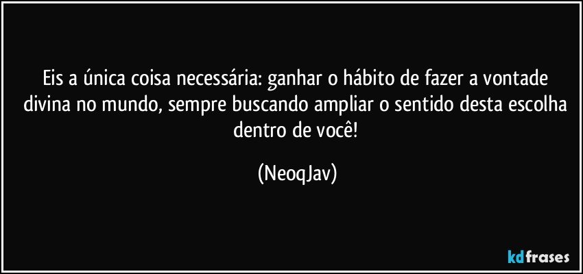 Eis a única coisa necessária: ganhar o hábito de fazer a vontade divina no mundo, sempre buscando ampliar o sentido desta escolha dentro de você! (NeoqJav)