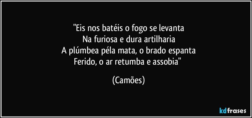"Eis nos batéis o fogo se levanta
Na furiosa e dura artilharia
A plúmbea péla mata, o brado espanta
Ferido, o ar retumba e assobia" (Camões)