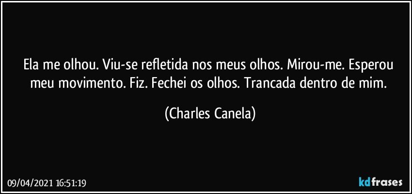 Ela me olhou. Viu-se refletida nos meus olhos. Mirou-me. Esperou meu movimento. Fiz. Fechei os olhos. Trancada dentro de mim. (Charles Canela)