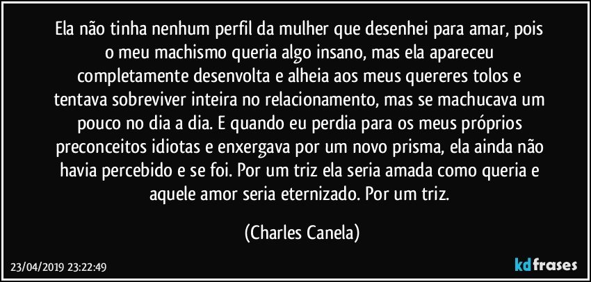 Ela não tinha nenhum perfil da mulher que desenhei para amar, pois o meu machismo queria algo insano, mas ela apareceu completamente desenvolta e alheia aos meus quereres tolos e tentava sobreviver inteira no relacionamento, mas se machucava um pouco no dia a dia. E quando eu perdia para os meus próprios preconceitos idiotas e enxergava por um novo prisma, ela ainda não havia percebido e se foi. Por um triz ela seria amada como queria e aquele amor seria eternizado. Por um triz. (Charles Canela)