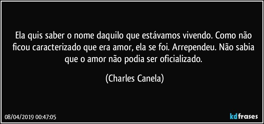 Ela quis saber o nome daquilo que estávamos vivendo. Como não ficou caracterizado que era amor, ela se foi. Arrependeu. Não sabia que o amor não podia ser oficializado. (Charles Canela)